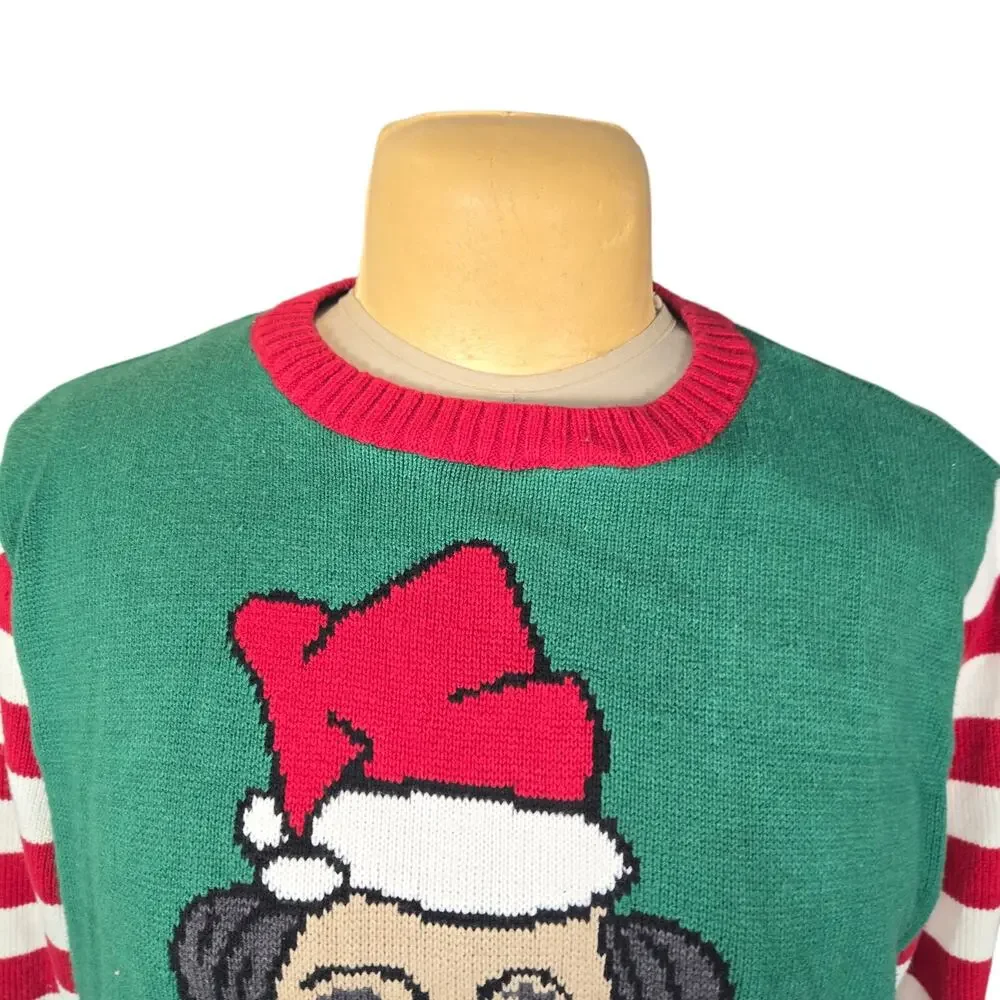 Ugly Christmas Sweater XL Pug Puppy Dog Santa‎ hat Green Striped Holiday Funny